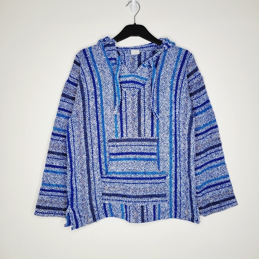 Vintage 1970s Mexican Baja Woven Tunic - Blue
